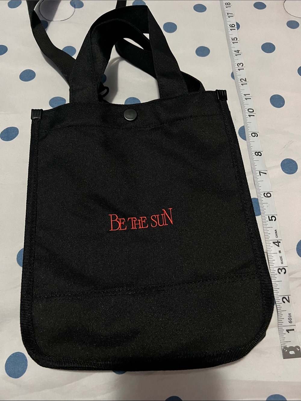 Seventeen Black Canvas Crossbody Tote with Orange "BE THE SUN" Embroidery